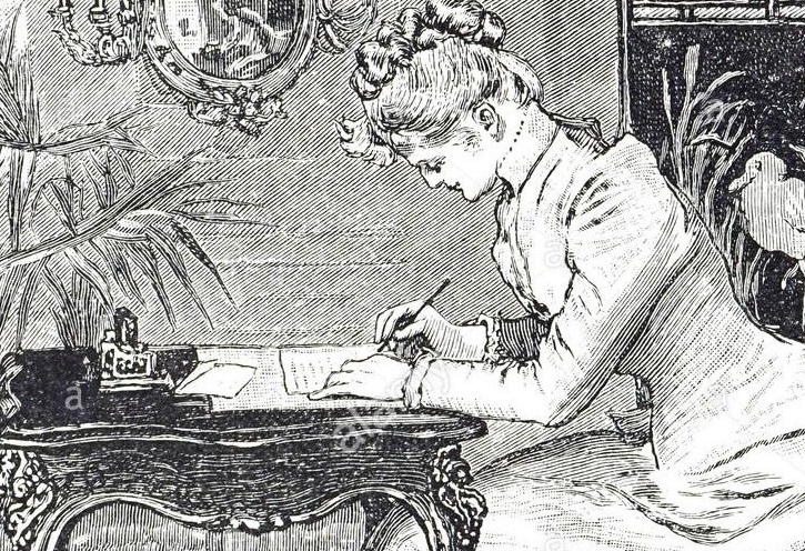 gravure-representant-une-jeune-femme-ecrivant-une-lettre-en-date-du-19e-siecle-mr6w3d.jpg